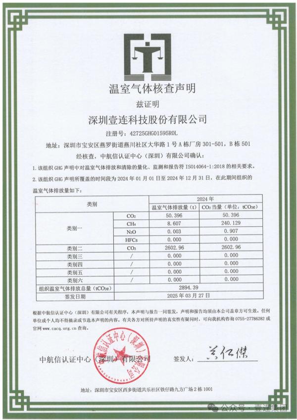 股票配资分析 壹连科技荣获ISO14064核查证书，积极践行国家双碳战略